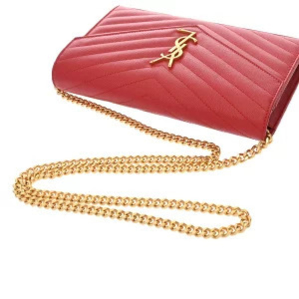 Saint Laurent Cassandra Chain Wallet Red Grained Poudre Leather Bag - Picture 3 of 9